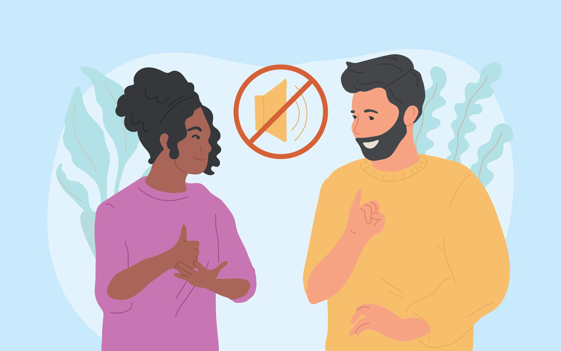 Illustration of two people using sign language to communicate. The woman on the left has dark curly hair tied up and is wearing a purple sweater, while the man on the right has dark hair, a beard, and is wearing a yellow sweater. Both are smiling and gesturing with their hands. Above them is a muted speaker icon with a red slash through it, symbolizing silence or non-verbal communication. The background features soft pastel colors with abstract plant shapes.